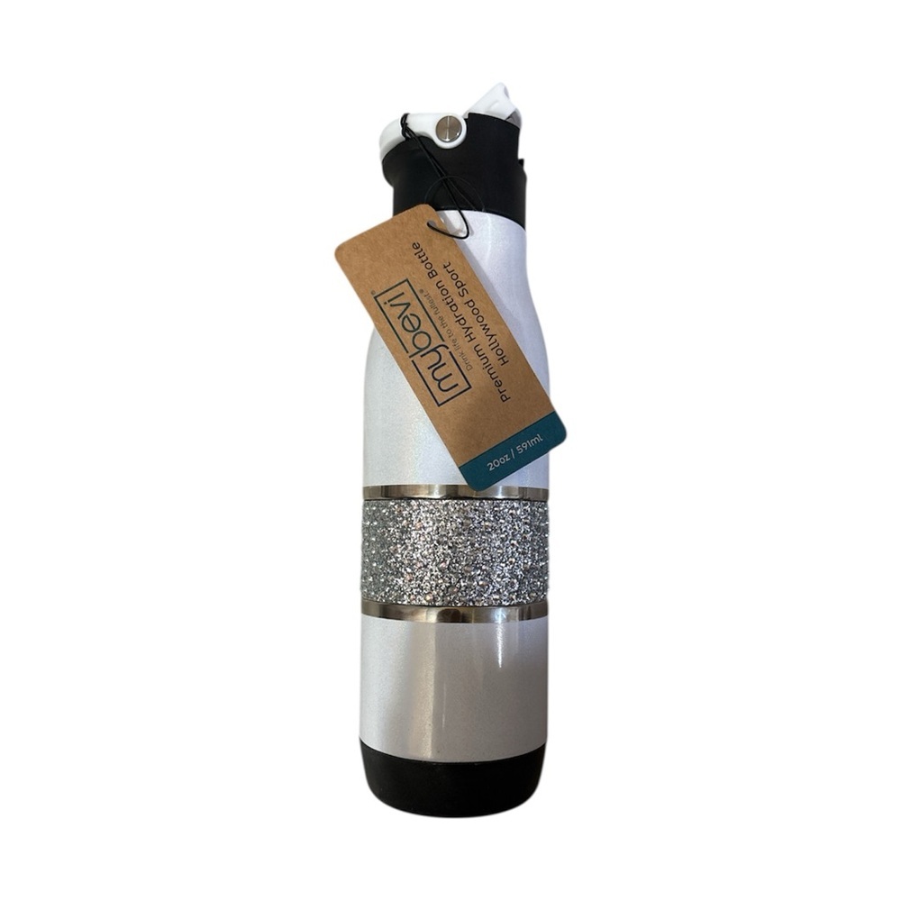 MyBevi Premium Hydration Bottle. White Bling Stainless  Bottle w/Rhinestone Band